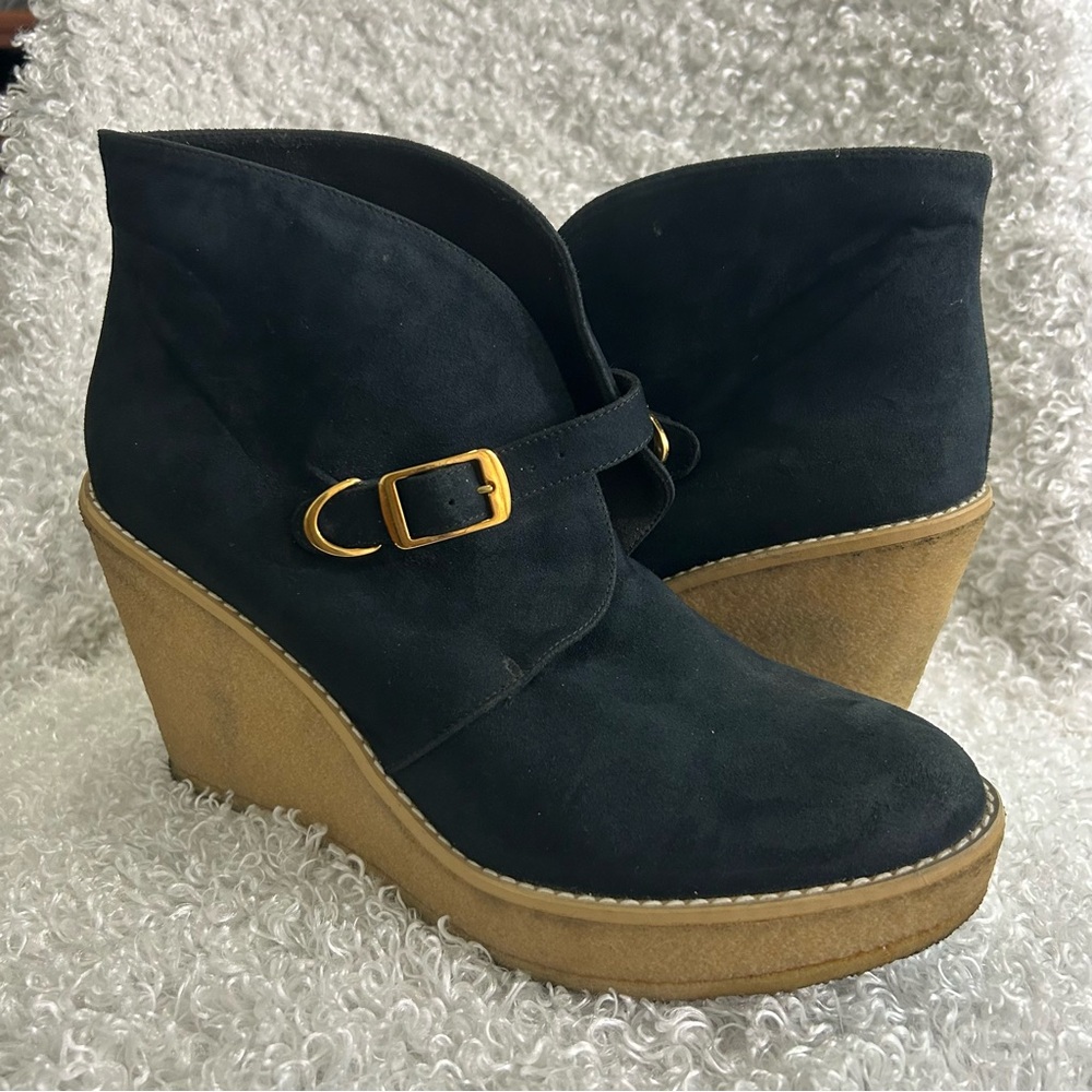 Stella McCartney Black Faux Suede Buckle Detail Wedge Ankle Booties